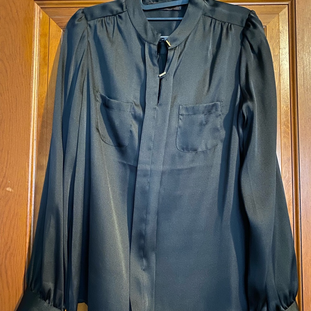 The Limited black satin blouse with two gold buttons, size medium